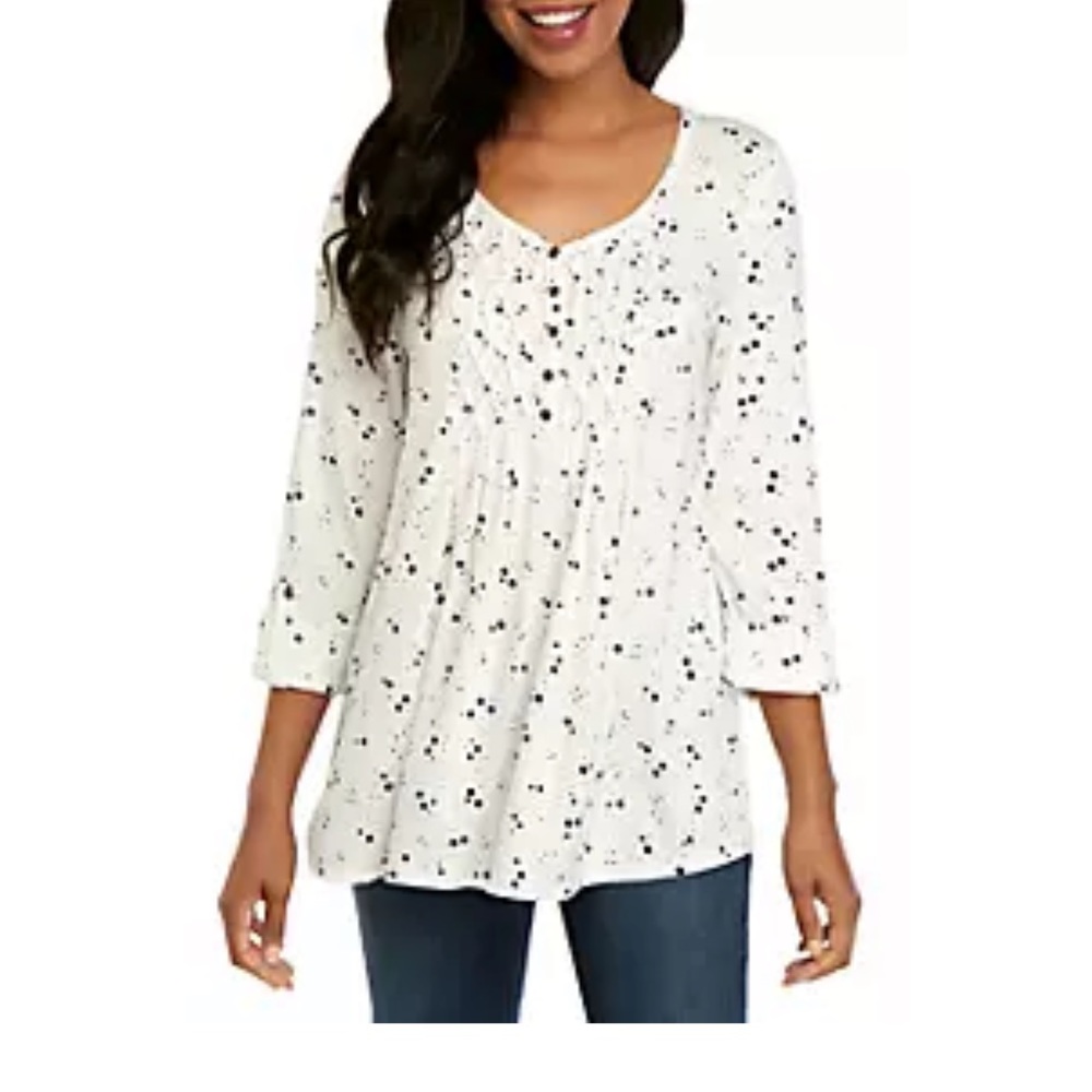 Kim Rogers Women’s Printed 3/4 Roll Tab Knit Top White Black Blue Atlas XL